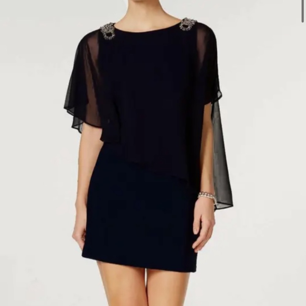 Xscape Womens Chiffon Cape Overlay Cocktail Party Dress